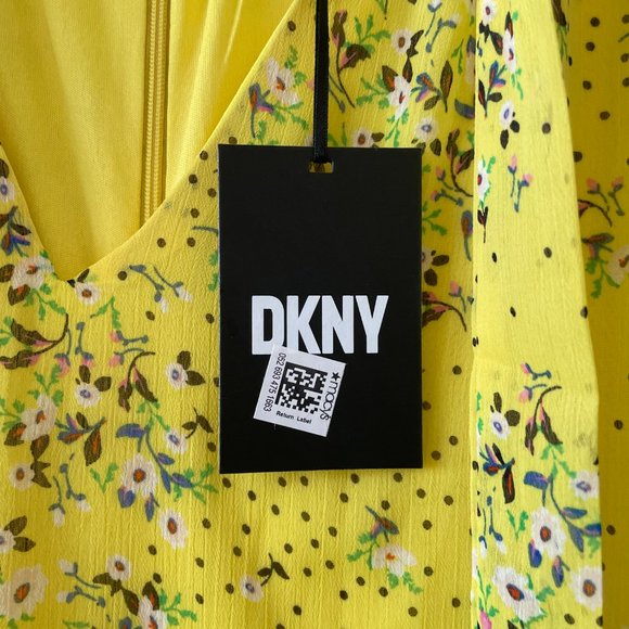 DKNY Yellow Floral, Short Sleeve,‎ V-Neck Dress with Tie Neck, Size 16, NWT - Picture 7 of 12